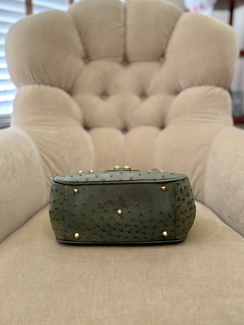 Auth SANTA MARIA Italy Genuine Ostrich Khaki Green Satchel Tote Bag...GORGEOUS! - Picture 6 of 8